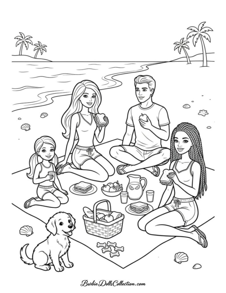 Barbie and friends enjoying a summer picnic coloring page