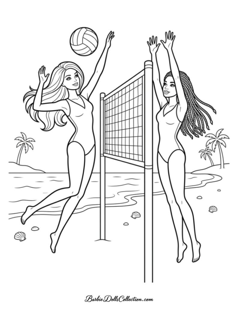 Barbie and Brooklyn playing beach volleyball coloring page