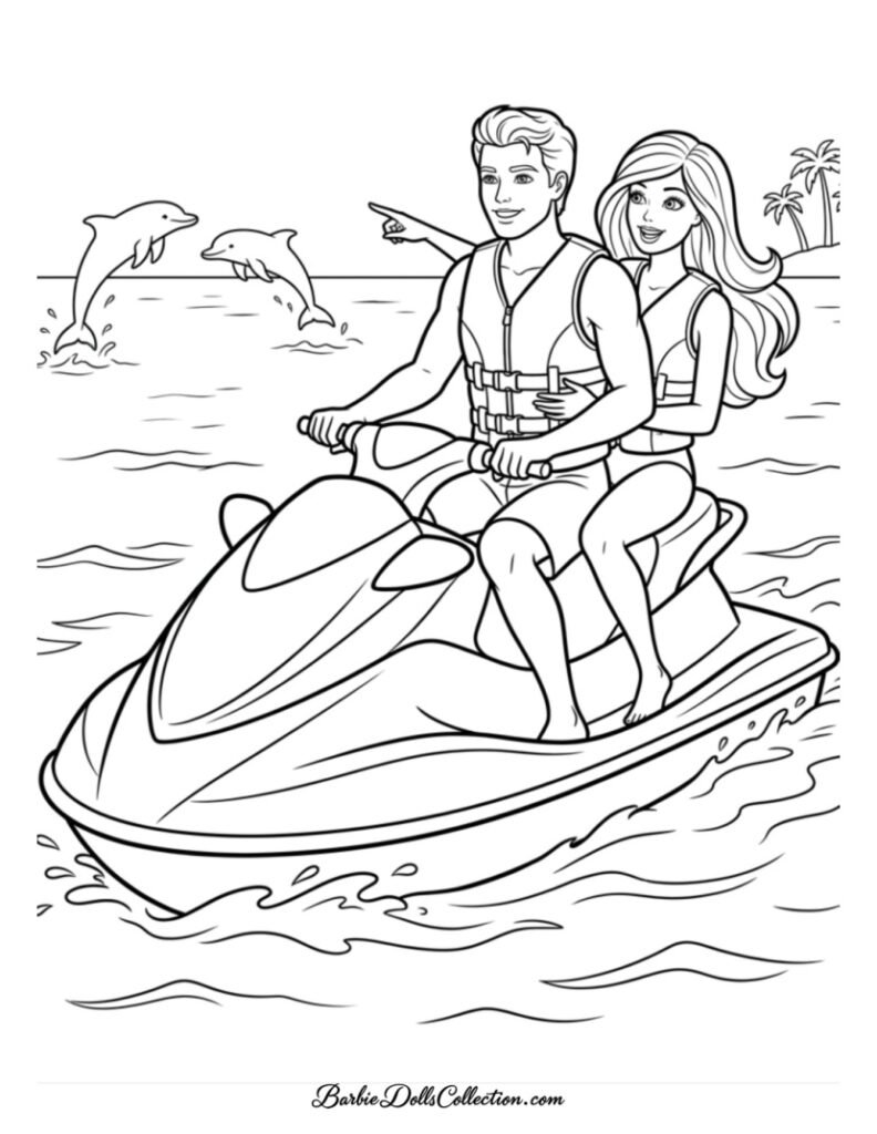Barbie and Ken riding a jet ski with dolphins coloring page