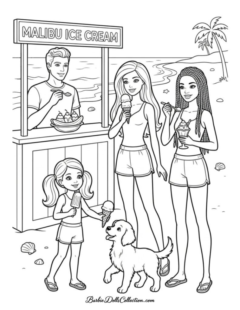 Barbie and friends at Malibu Ice Cream beach kiosk coloring page