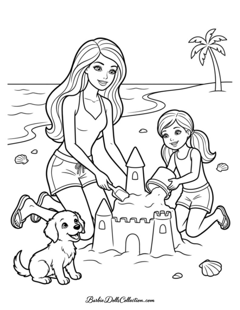 Barbie and Chelsea building a sandcastle coloring page