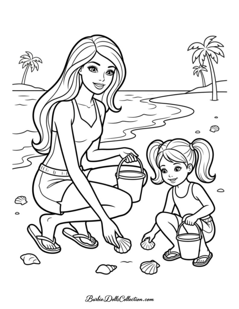 Barbie and Chelsea collecting seashells coloring page