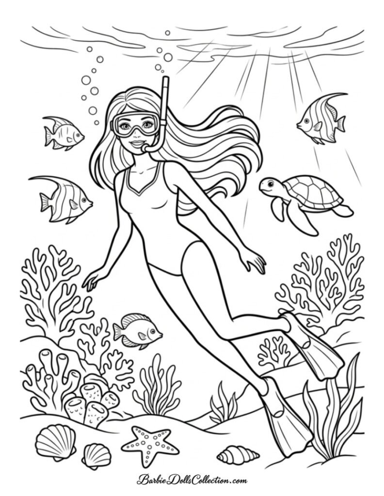 Barbie snorkeling underwater with sea turtle and tropical fish coloring page