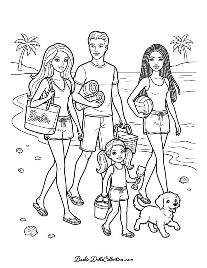 Barbie, Ken, Brooklyn, Chelsea and Taffy arriving at the beach printable coloring page