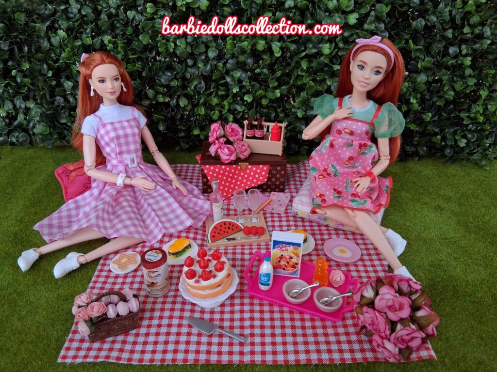 Barbie Summer Picnic Diorama featuring Barbie Basics Model 04 and Barbie Fashionistas #232 enjoying a Barbiecore brunch.