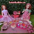 Barbie Summer Picnic Diorama featuring Barbie Basics Model 04 and Barbie Fashionistas #232 enjoying a Barbiecore brunch.