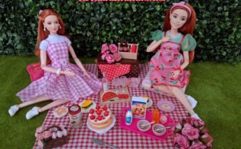 Barbie Summer Picnic Diorama featuring Barbie Basics Model 04 and Barbie Fashionistas #232 enjoying a Barbiecore brunch.