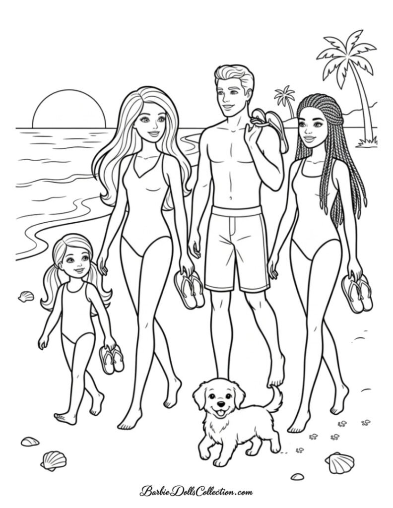 Barbie and friends walking on the beach at sunset coloring page