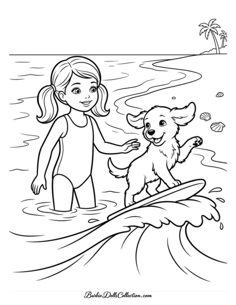 Chelsea and Taffy riding a boogie board at the beach coloring page