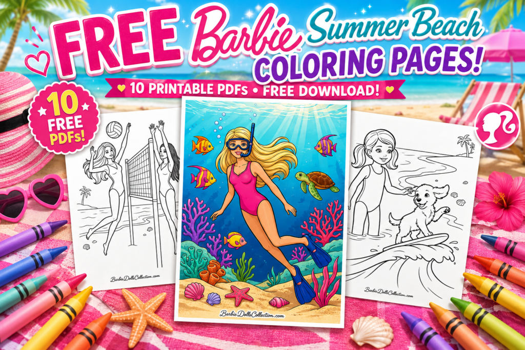 Mockup featuring 10 free Barbie Summer Beach coloring pages with printable PDF downloads, including beach volleyball, snorkeling, and beach adventures.