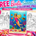 Mockup featuring 10 free Barbie Summer Beach coloring pages with printable PDF downloads, including beach volleyball, snorkeling, and beach adventures.