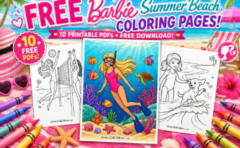 Mockup featuring 10 free Barbie Summer Beach coloring pages with printable PDF downloads, including beach volleyball, snorkeling, and beach adventures.
