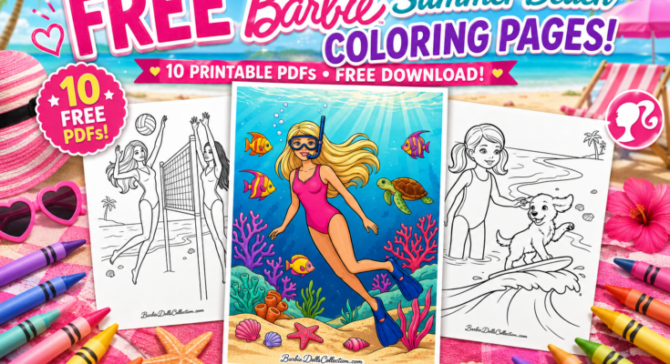 Mockup featuring 10 free Barbie Summer Beach coloring pages with printable PDF downloads, including beach volleyball, snorkeling, and beach adventures.