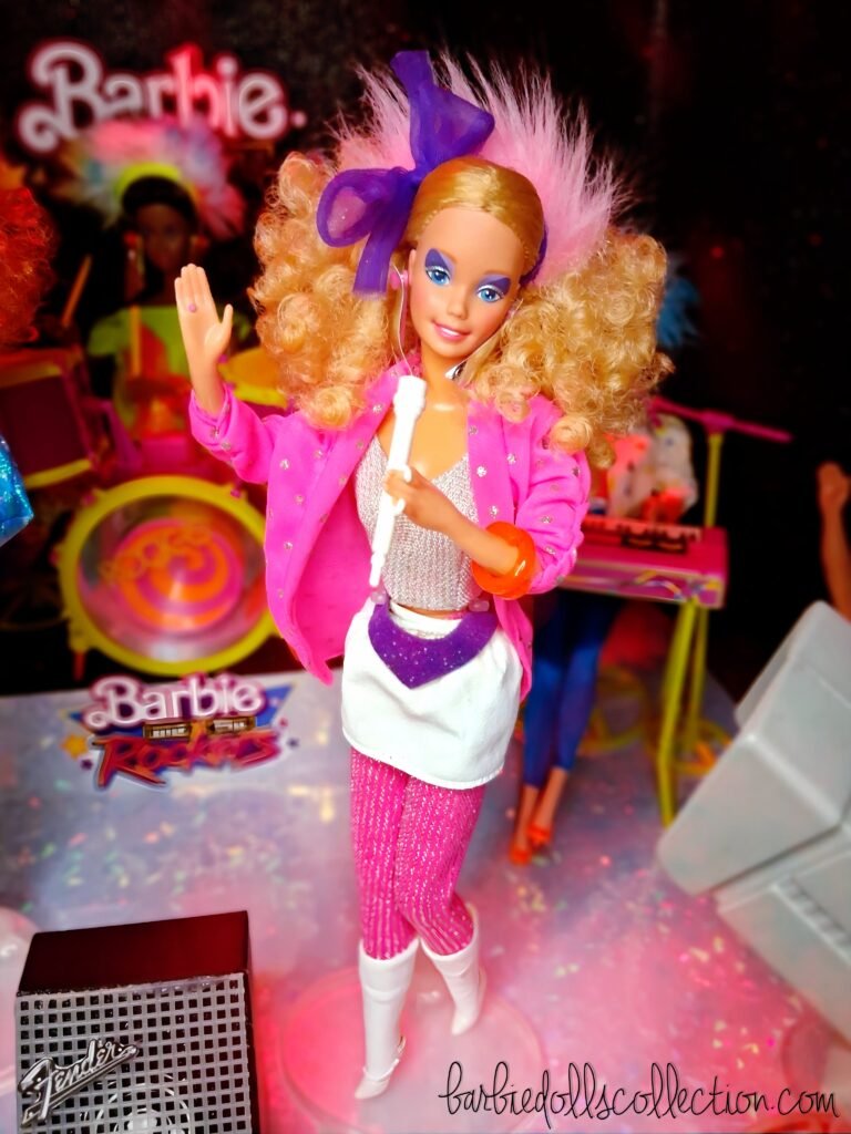 Barbie and The Rockers full body on their 1980s concert stage