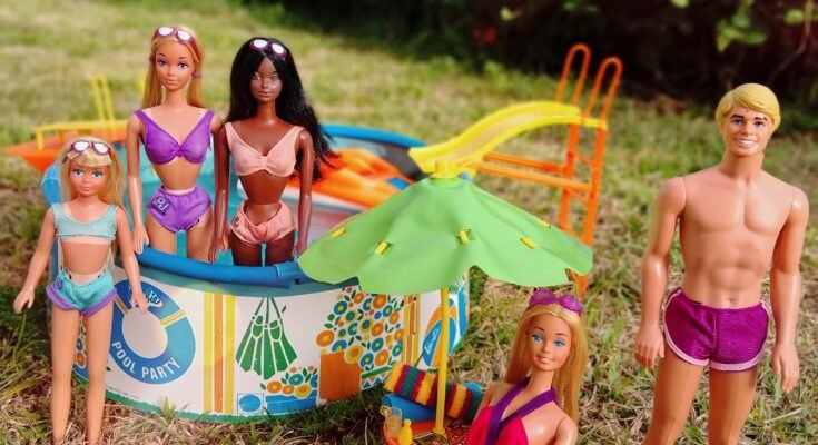 Malibu Barbie, Ken, Skipper, PJ, and Christie posing together by the swimming pool and looking at the camera during a vintage summer Barbie pool party diorama.