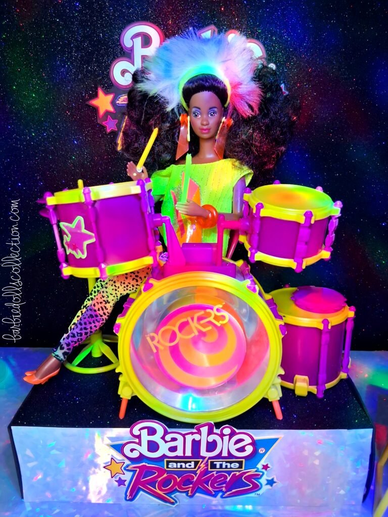 Dee Dee of Barbie and The Rockers standing full body on stage
