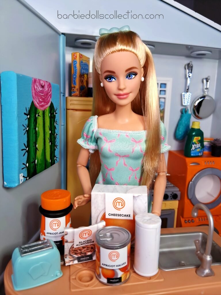 Barbie making almond and apricot cheesecake Mini Brands MasterChef