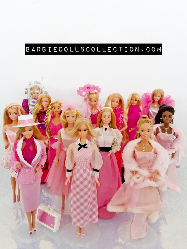 15 Barbie dolls dressed in pink for Breast Cancer Awareness Month