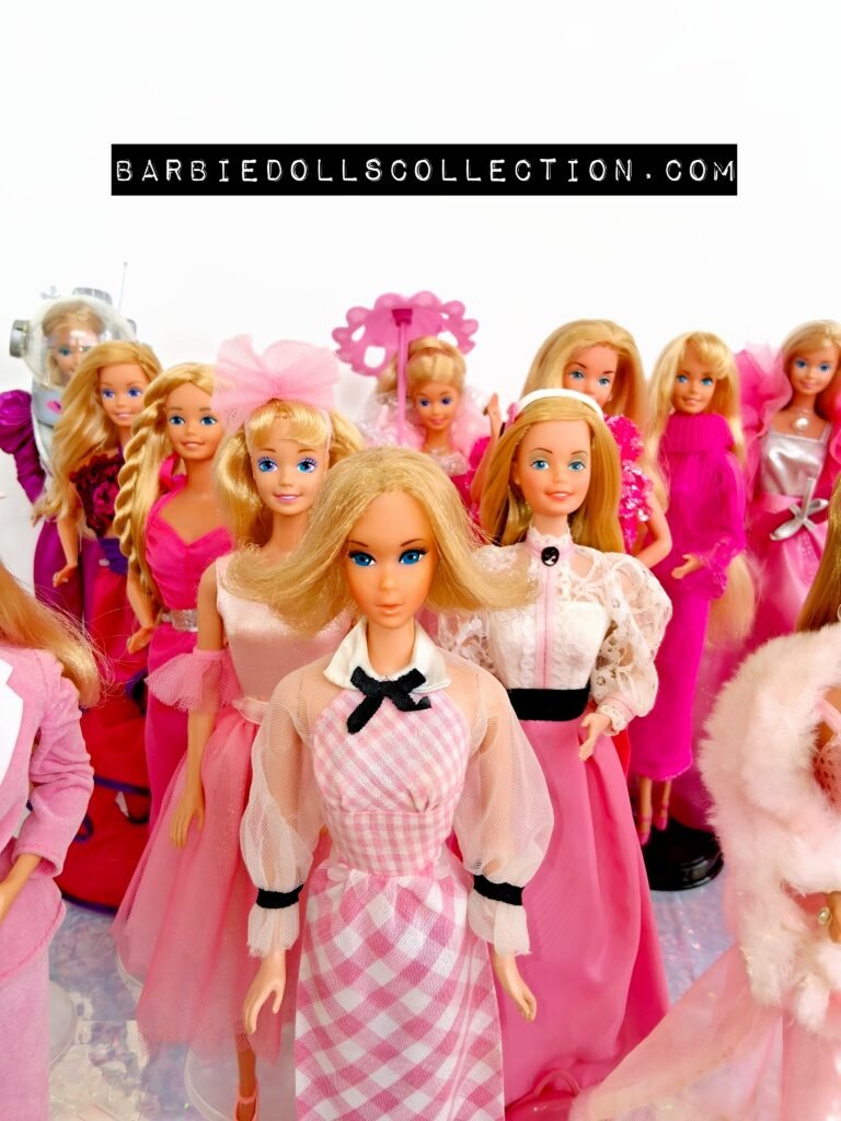 Pink Barbie dolls standing together for Breast Cancer Awareness Month