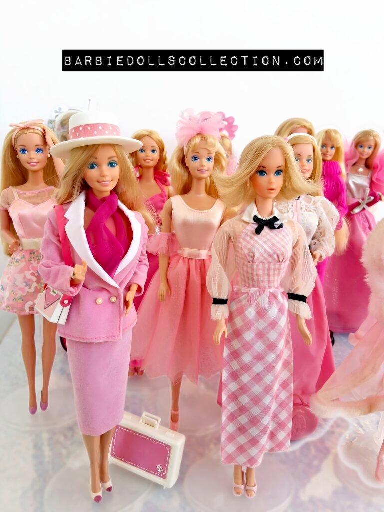 Barbie dolls in different shades of pink honoring Breast Cancer Awareness Month